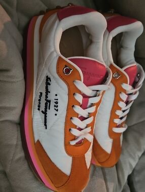 Salvatore Ferragamo White Orange Pink Accent Women's Sneakers